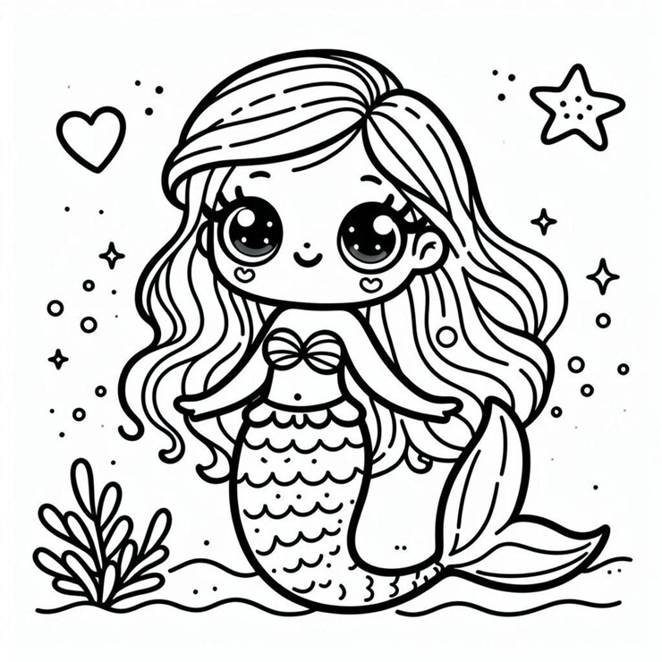 página de colorear sirena linda para niños ai generado