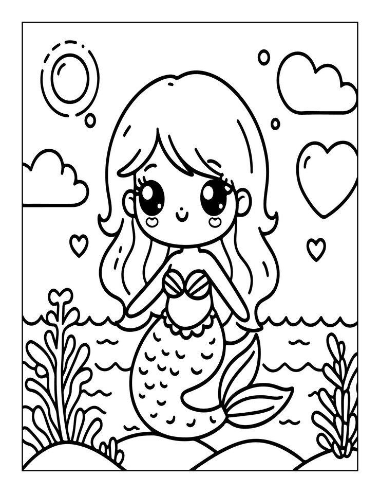 Página para colorear sirena para niños ai generada