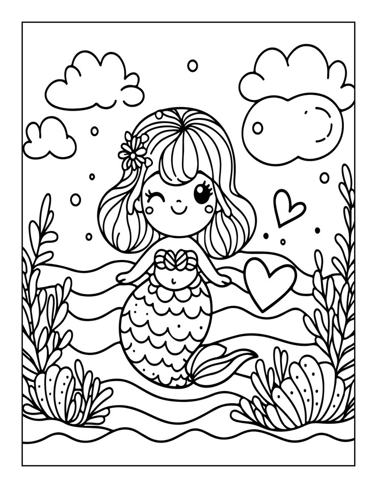 Página para colorear sirena para niños ai generada