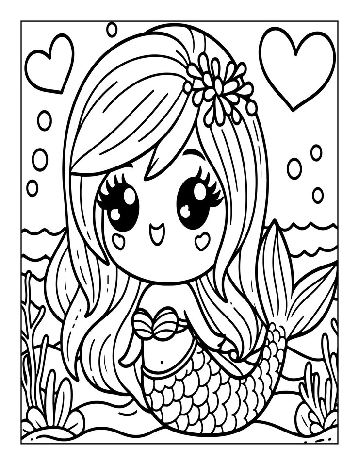 Página para colorear sirena para niños ai generada