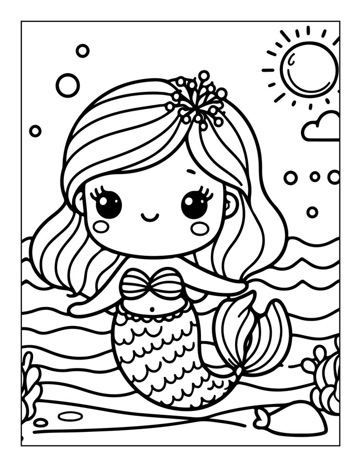Página para colorear sirena para niños ai generada