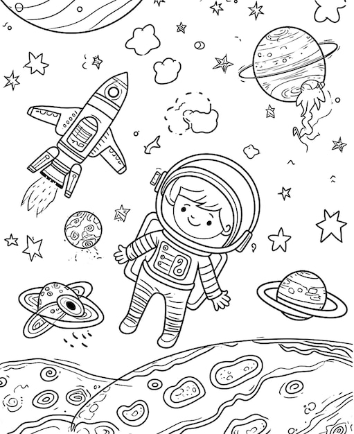 Foto una página para colorear con un tema espacial y un astronauta de dibujos animados