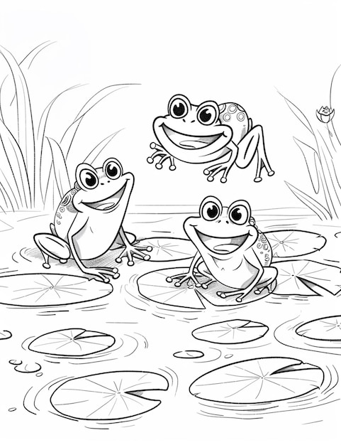 Foto una página para colorear de tres ranas en un estanque con pads de lirio generativo ai