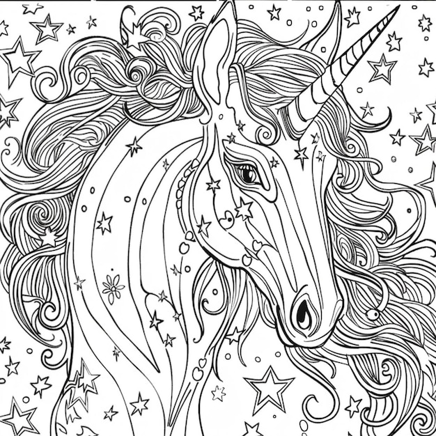 Foto una página para colorear con un unicornio con estrellas y remolinos generativo ai