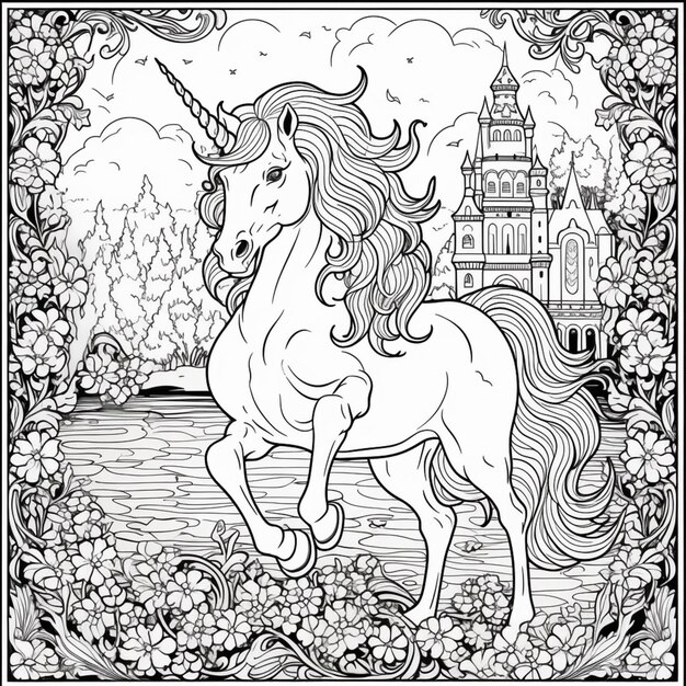 una página para colorear con un unicornio en un jardín generativo ai