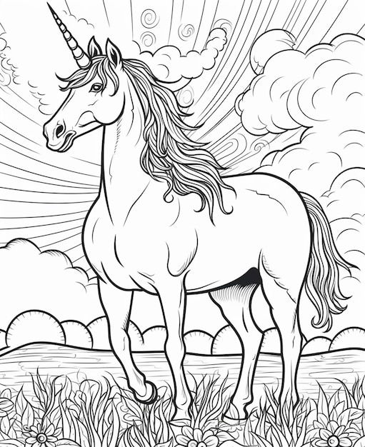 Una página para colorear de un unicornio parado en la hierba ai generativo