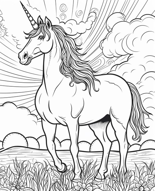 Una página para colorear de un unicornio parado en la hierba ai generativo