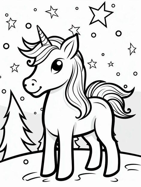 una página para colorear de un unicornio parado en la nieve ai generativo