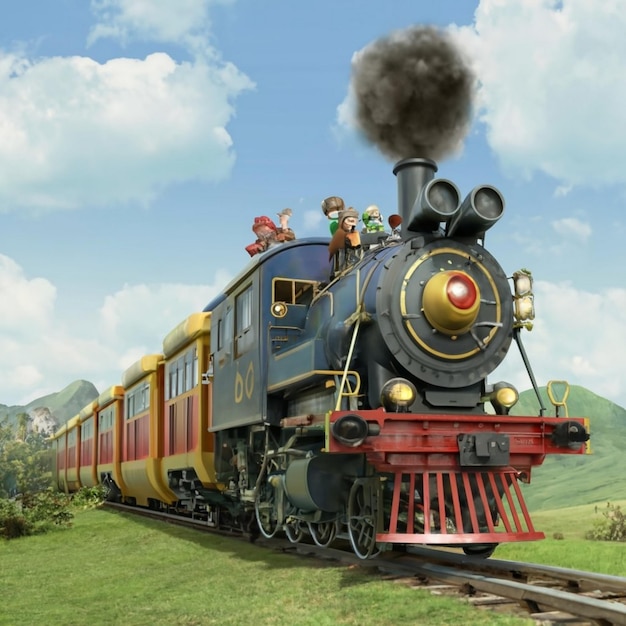 Página colorida vectorial con modelo de tren 3D y paisaje brillante Ilustración vectorial hermosa