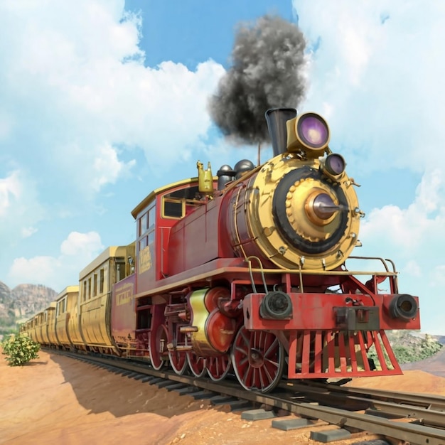 Página colorida vectorial con modelo de tren 3D y paisaje brillante Ilustración vectorial hermosa