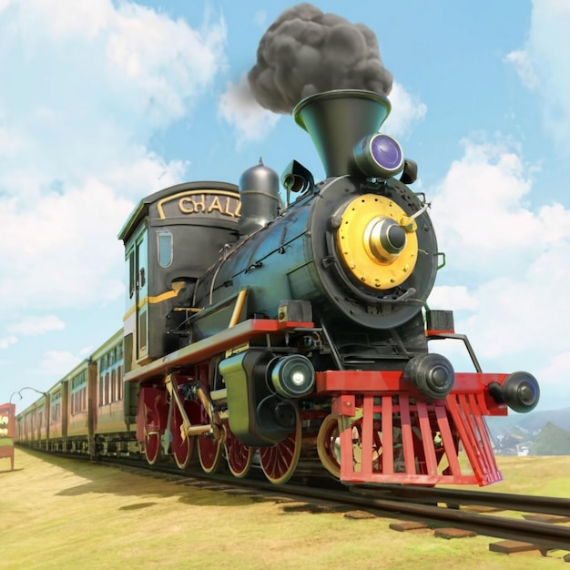 Página colorida vectorial con modelo de tren 3D y paisaje brillante Ilustración vectorial hermosa
