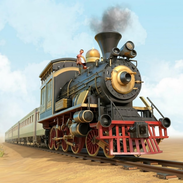 Página colorida vectorial con modelo de tren 3D y paisaje brillante Ilustración vectorial hermosa
