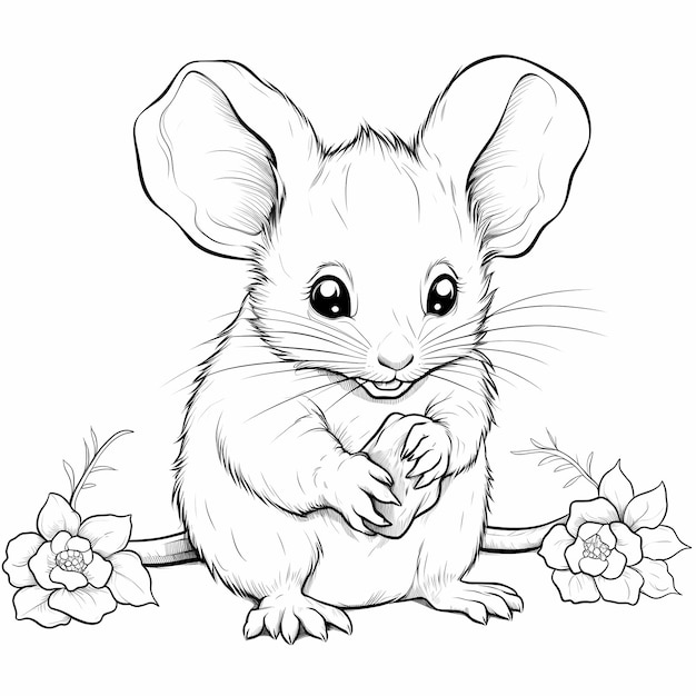 Foto página de coloração de rato bonito com flores