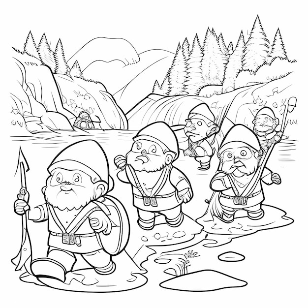página de coloração para crianças anões indo para o rio para apanhar peixes