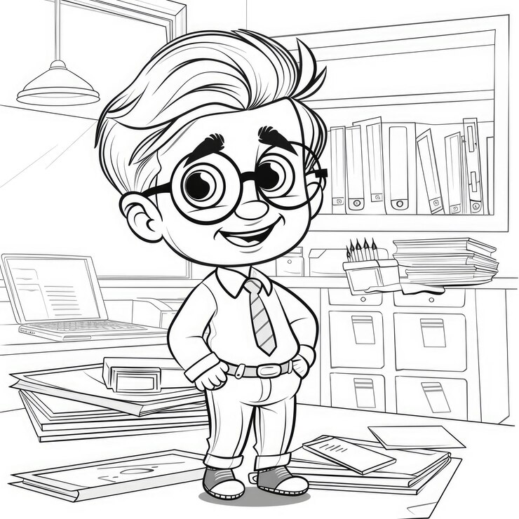 Foto página de colorir cartoon boy com óculos e gravata em um escritório