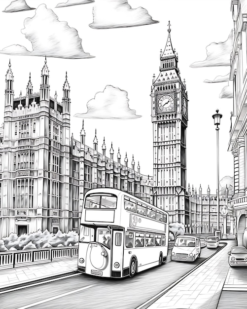 Página de colorir com Big Ben e ônibus de Londres