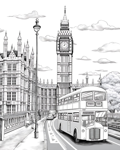 Página de colorir com Big Ben e ônibus de Londres