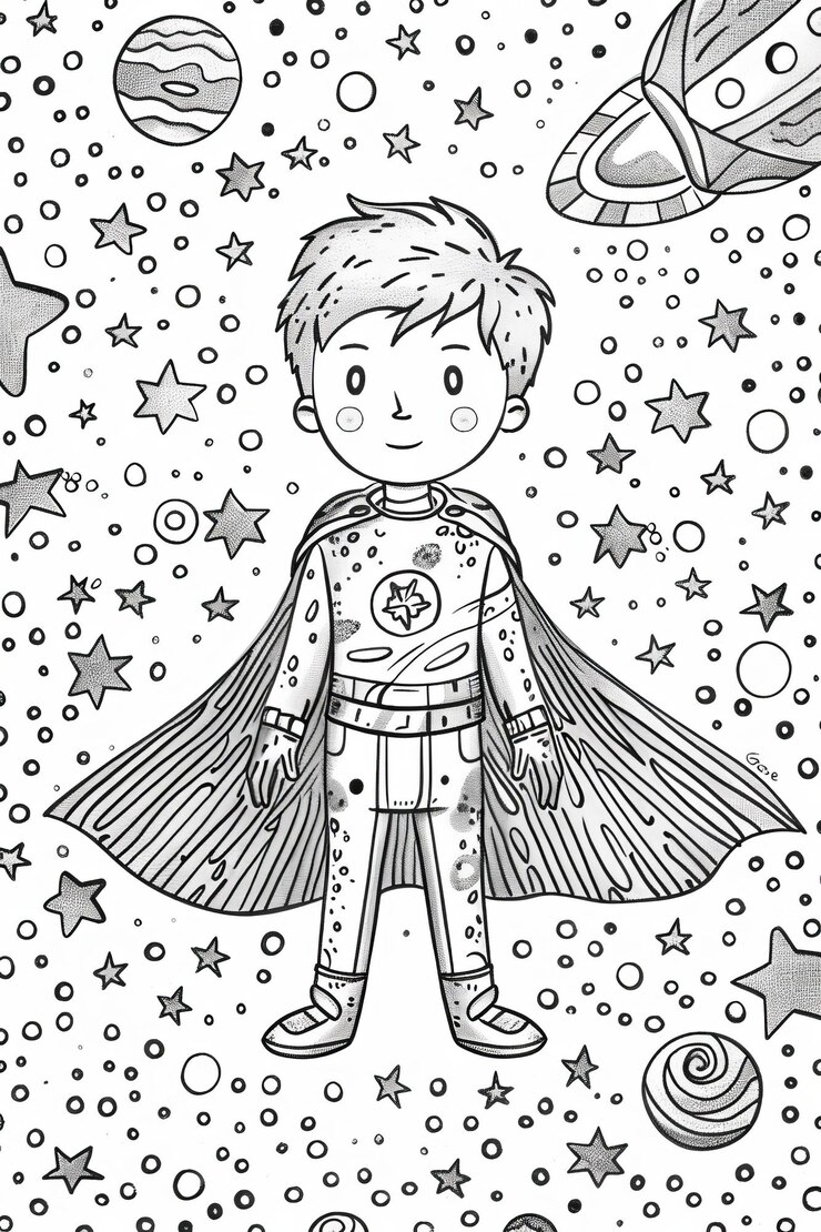 Foto página de colorir criança super-herói com uma capa e estrelas para jovens sonhadores