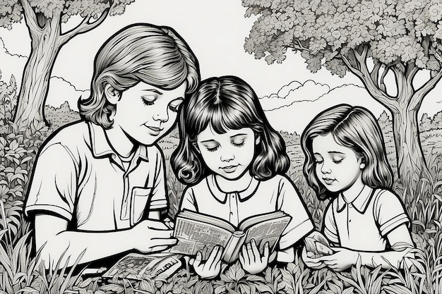 Página de colorir Crianças cristãs lendo a Bíblia