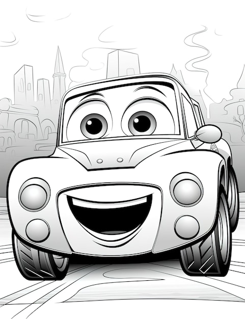 Foto página de colorir de carros de desenho animado de alta qualidade para crianças pintarem