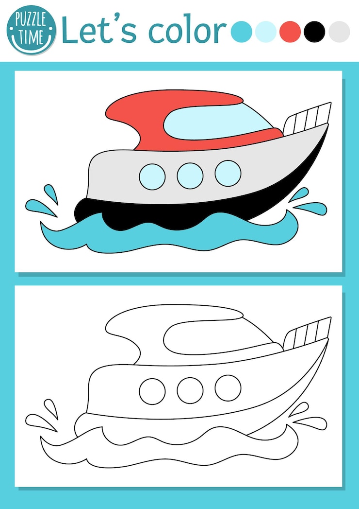 Foto página de colorir de transporte para crianças com lancha de velocidade vector de transporte aquático ilustração de esboço com lindo barco livro de cores para crianças com exemplos coloridos habilidades de desenho folha de trabalho imprimíveletxa