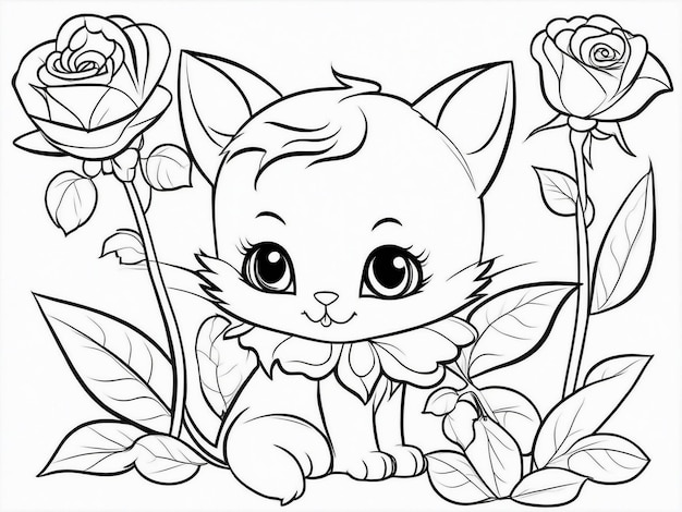 Página de colorir desenho animado bonito flor de rosa e gato para crianças