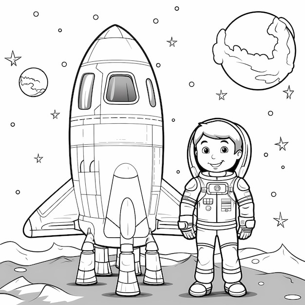 Foto página de colorir divertida de astronomia para crianças com astronauta infantil e ônibus espacial