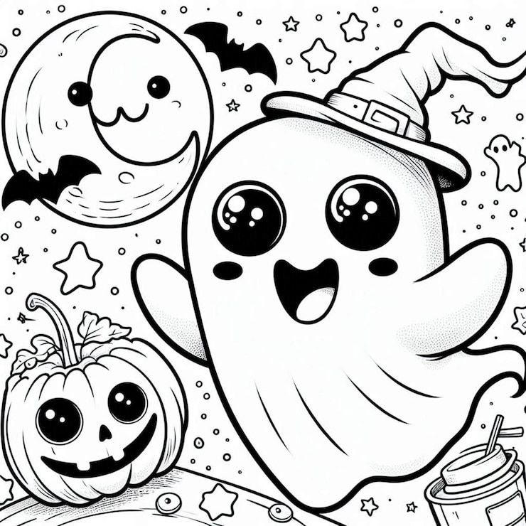 Foto página de colorir fantasma de halloween ai gerado