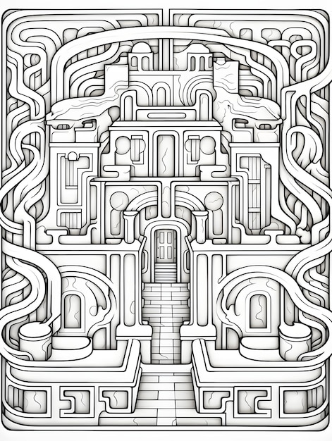 Página de colorir livro Labirinto Labirinto Arte de linha preta e branca bw lineart fundo abstrato