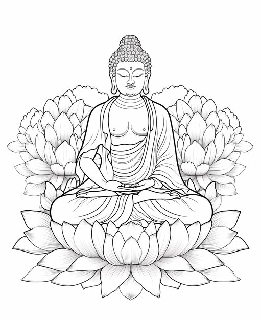 Foto página de colorir lotus enlightenment para adultos com buda em desenho animado