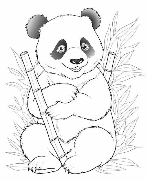 Foto página de colorir para crianças de bambu com pandas com fome em estilo de desenho animado