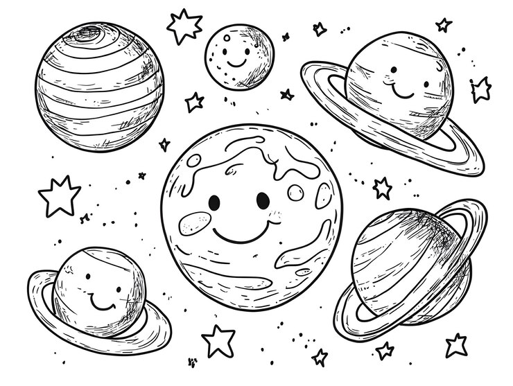Foto página de colorir para crianças um lindo conjunto de planetas e estrelas em um estilo de desenho animado