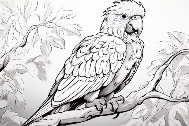 Página de colorir pequeno papagaio bonito senta-se em um ramo Ilustração vetorial