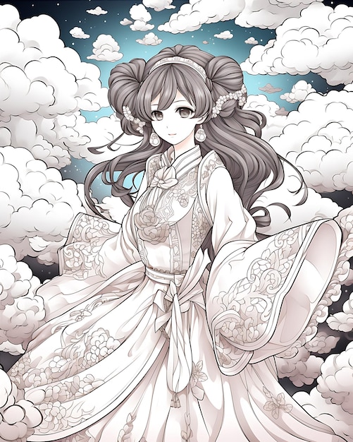 Página de colorir Senhora Hanbok nas Nuvens