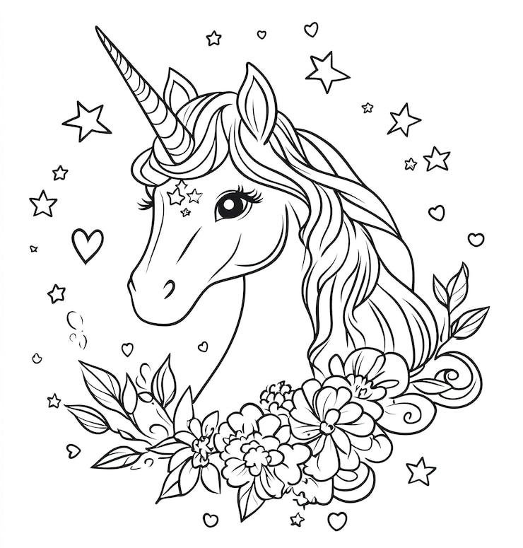 Foto página de colorir unicórnio de contorno simples com flores e estrelas para crianças