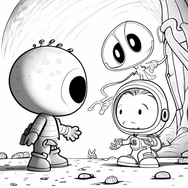 Foto página de colorir universo menino astronauta e amigo alienígena enfrentando ameaça alienígena