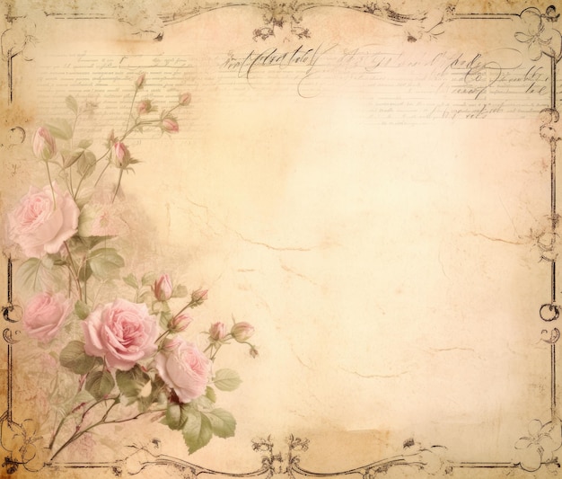 página de papel de jornal em branco de estilo vintage com rosas cor-de-rosa pálidas e botões de rosa em videiras