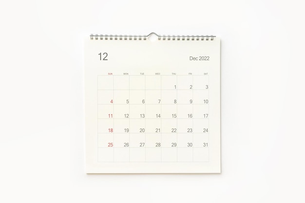 Página do calendário de dezembro de 2022 em fundo branco do calendário para reunião e evento de agendamento de planejamento de negócios de lembrete