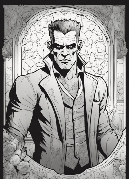 Página de libro de colorear para adultos de un hermoso monstruo de Frankenstein pinup Line Art Vec en blanco y negro