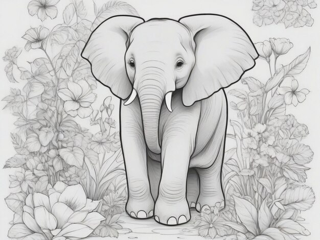 Foto página de libro de colorear elefante con contornos en blanco y negro de animales del zoológico ilustración para niños