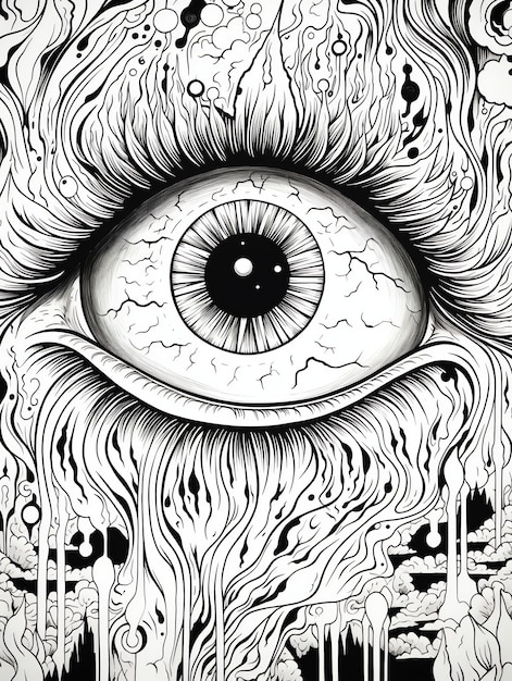 Página de libro para colorear mágico de fantasía de ojo de bruja en blanco y negro para adultos