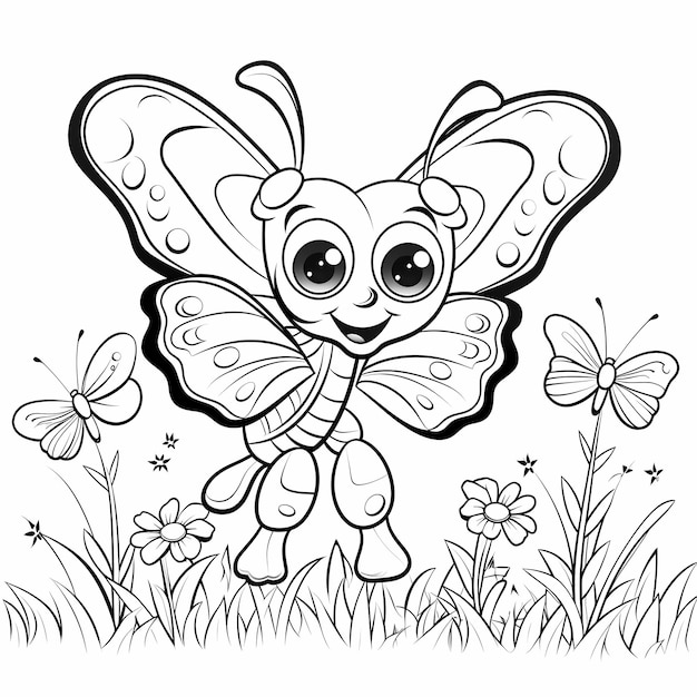 Foto página de libro para colorear de mariposas para niños, personajes lindos.