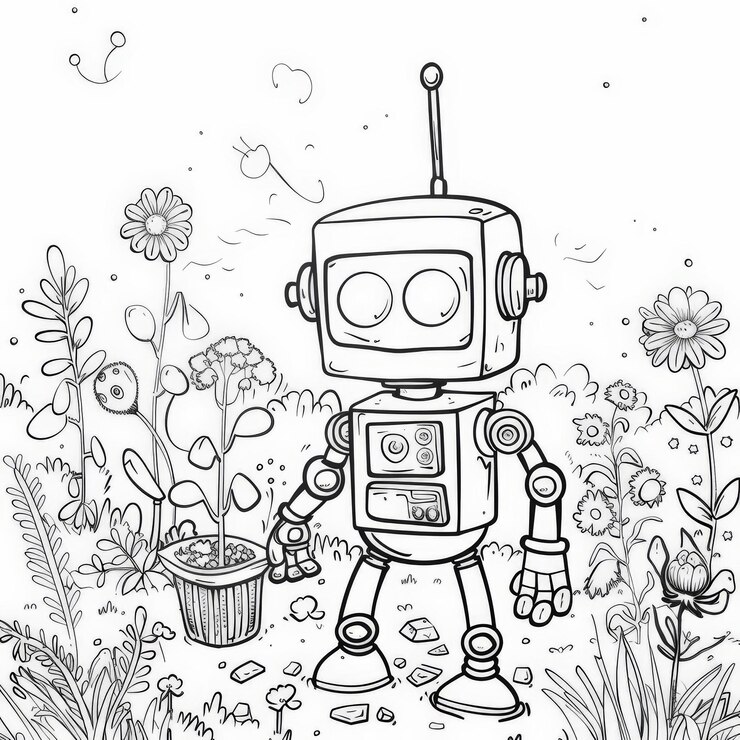 Foto una página de libro para colorear para niños con un robot espacial amigable jardinería en un jardín espacial plantas y flo