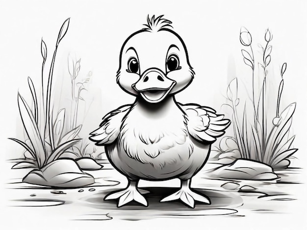 Foto página de libro para colorear sobre fondo blanco un niño pato sonriendo con todo el cuerpo ilustración de línea simple estilo disney dibujo de tinta de línea muy audaz arte de línea clipart negro y blanco sólo no use gris