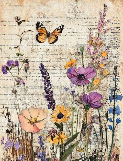 una página con un libro titulado mariposas y flores