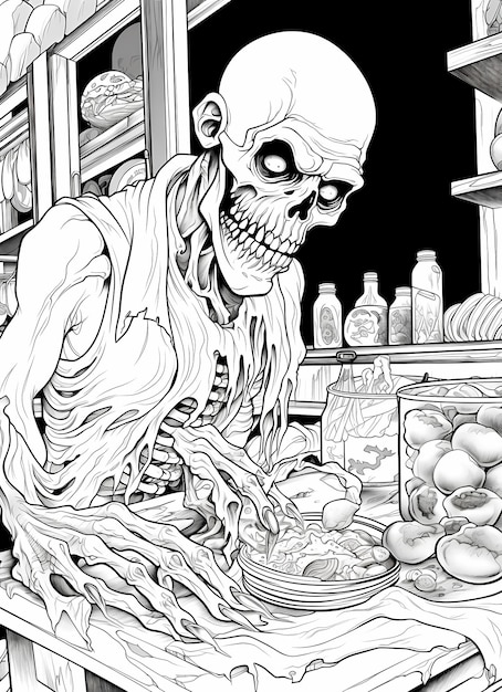 Página limpa de livro de colorir para adultos de uma ilustração assustadora de Halloween de chef zumbi assustador