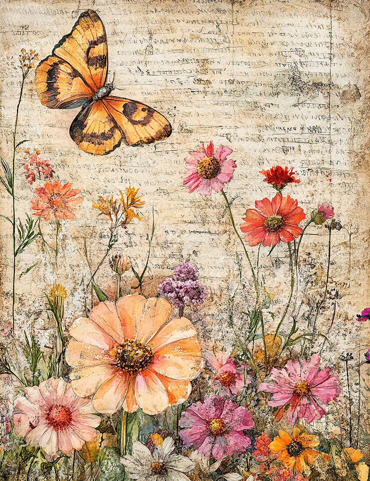 Foto una página con una mariposa y flores en ella