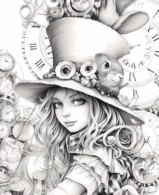 página para colorir adulta Alice adora o estilo steampunk do coelho branco