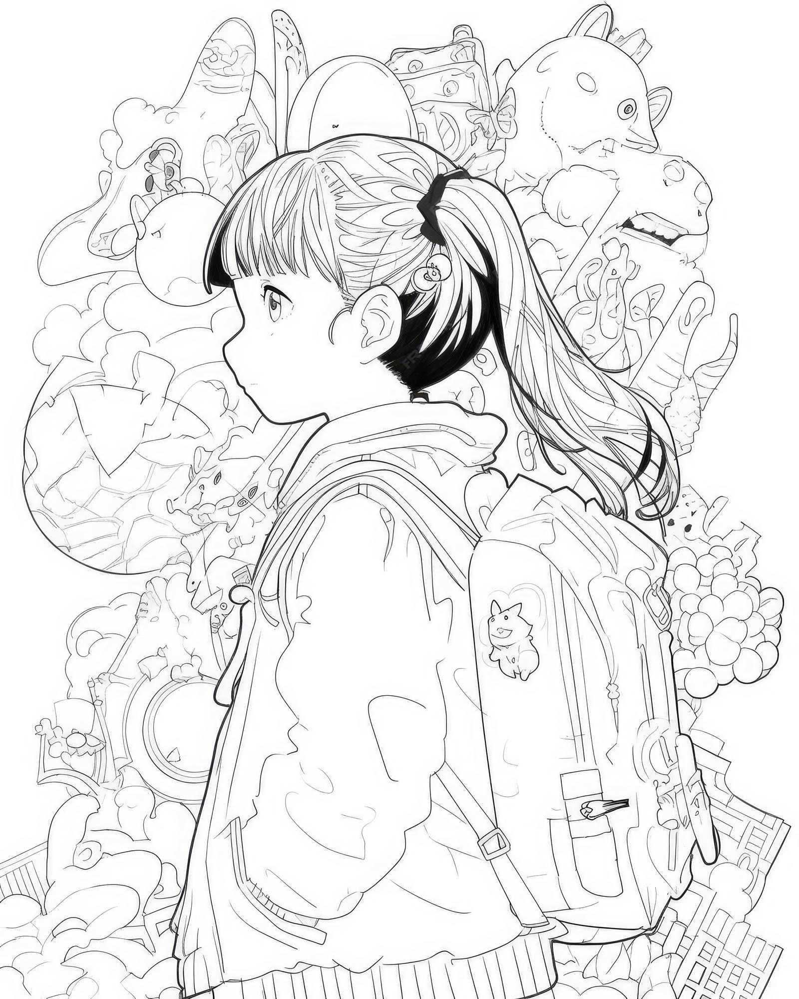 Página para colorir de anime em preto e branco, arte em linha de