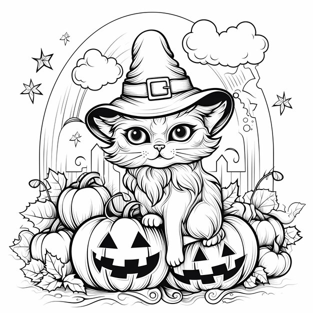 Página para colorir de gato de Halloween com bigodes de bruxa com abóbora e chapéu